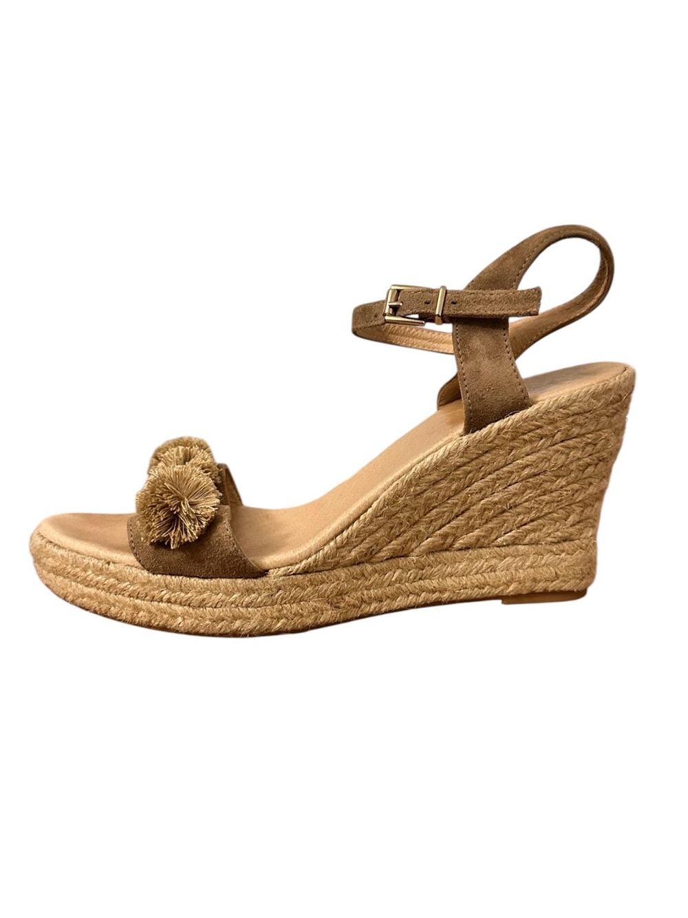 Saks Fifth Avenue Womenโs Tanโ Suede Pom Pom Espadrille Wedges Resort Size 9